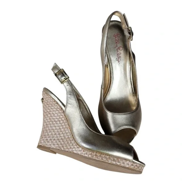 Lily Pulitzer Kristen Peep Toe Gold Wedge Sandals size 10 - Picture 10 of 10